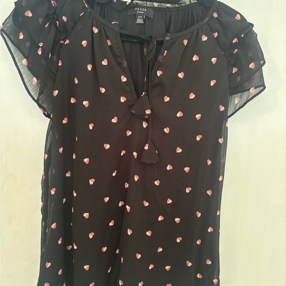 Elegant Black Blouse with Pink Heart Details
